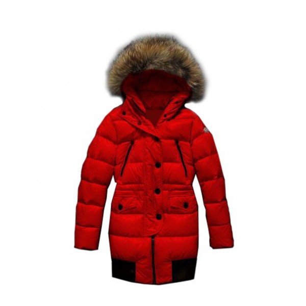 Moncler Moda Pelliccia Cappuccio e tasche rossa lunga delle Donna cappotti scontati